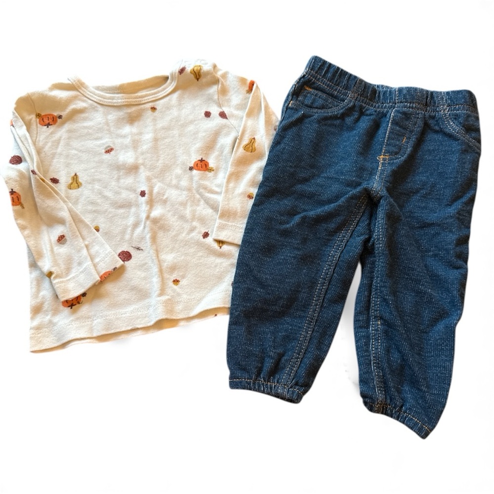 🦃Carter's Fall Pumpkin & Leaves Cream and Blue Kids Matching Set | 9M